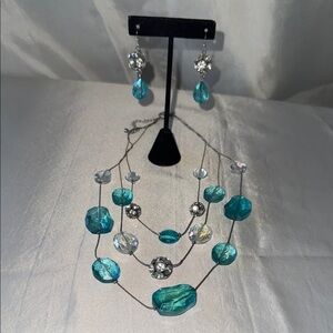Teal & Crystal Beaded Multi-Strand Wire Necklace and Earring Set